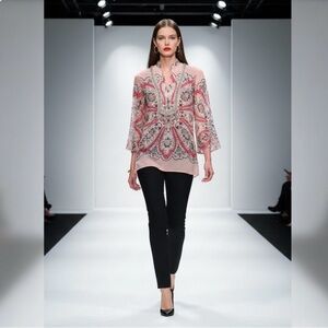 Allen B/Allen Schwartz Raspberry Black Embroidered Hip-Length Blouse with beads